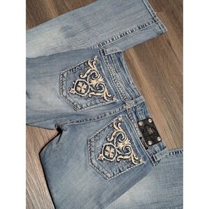 Miss Me Bootcut Jeans 28 Light Wash Embroidered Rhinestone Distressed READ